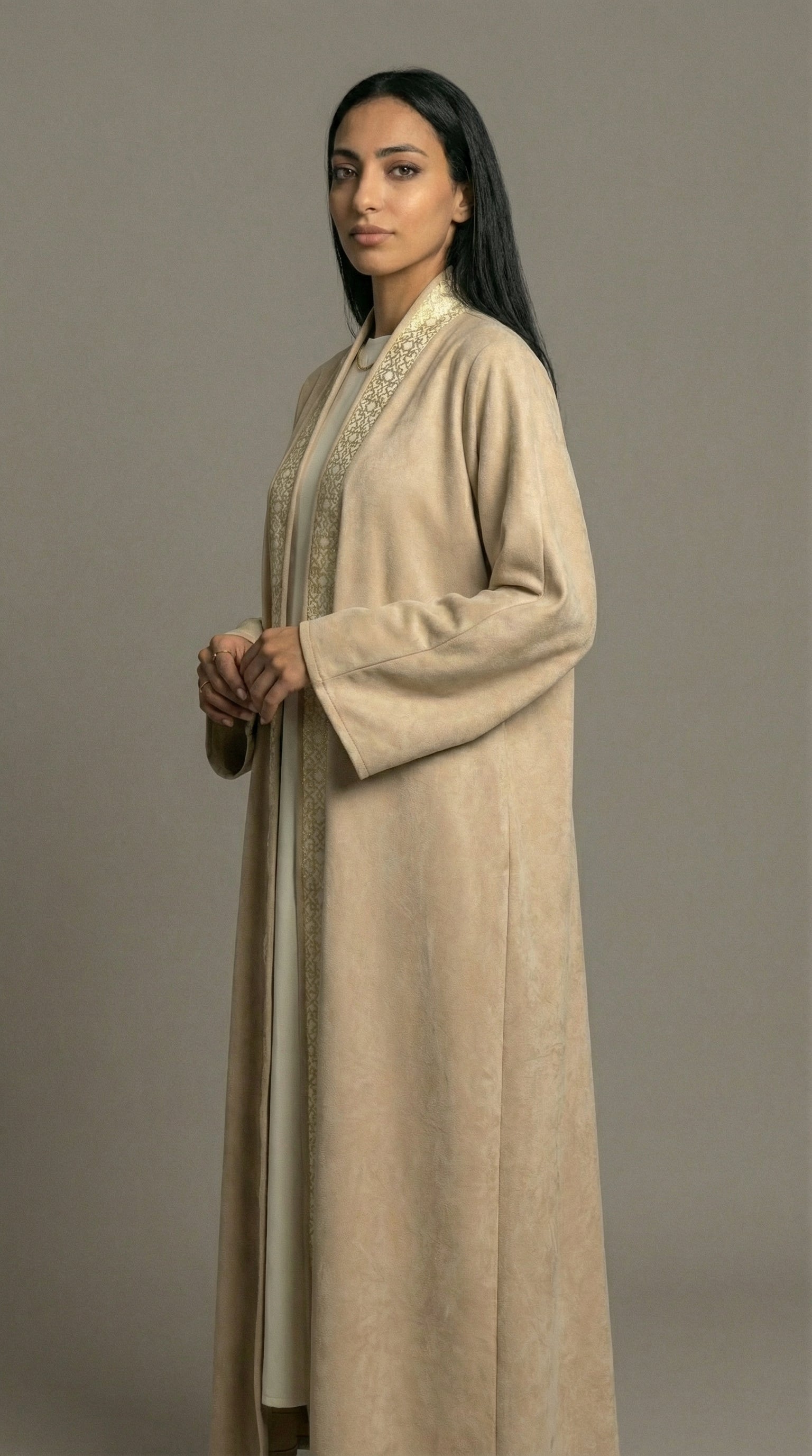 Beige Suede Kaftan with Gold Detail