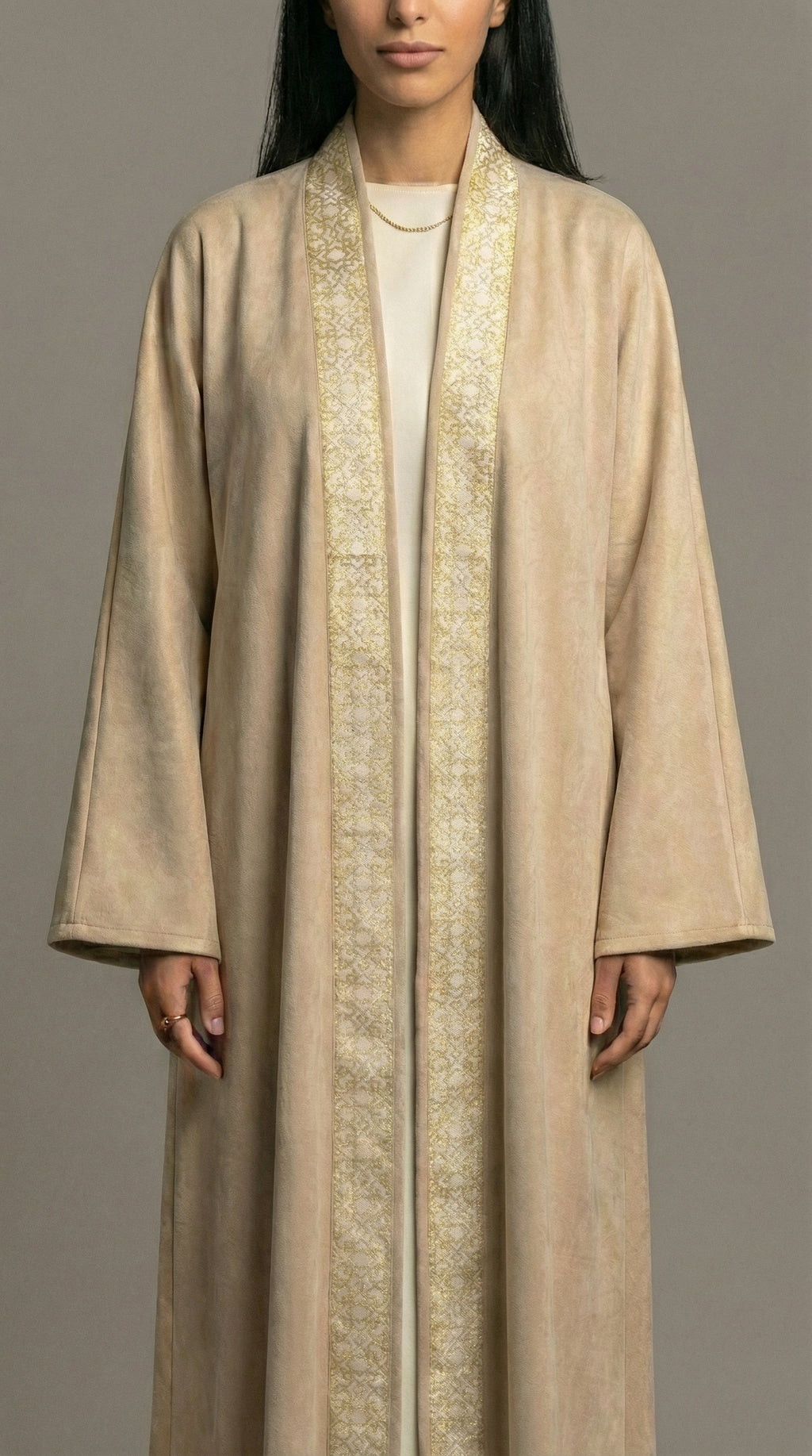 Beige Suede Kaftan with Gold Detail