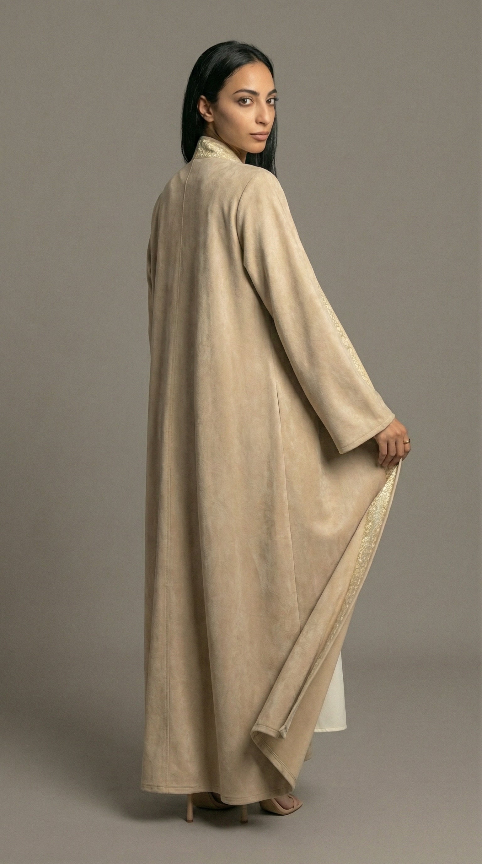 Beige Suede Kaftan with Gold Detail