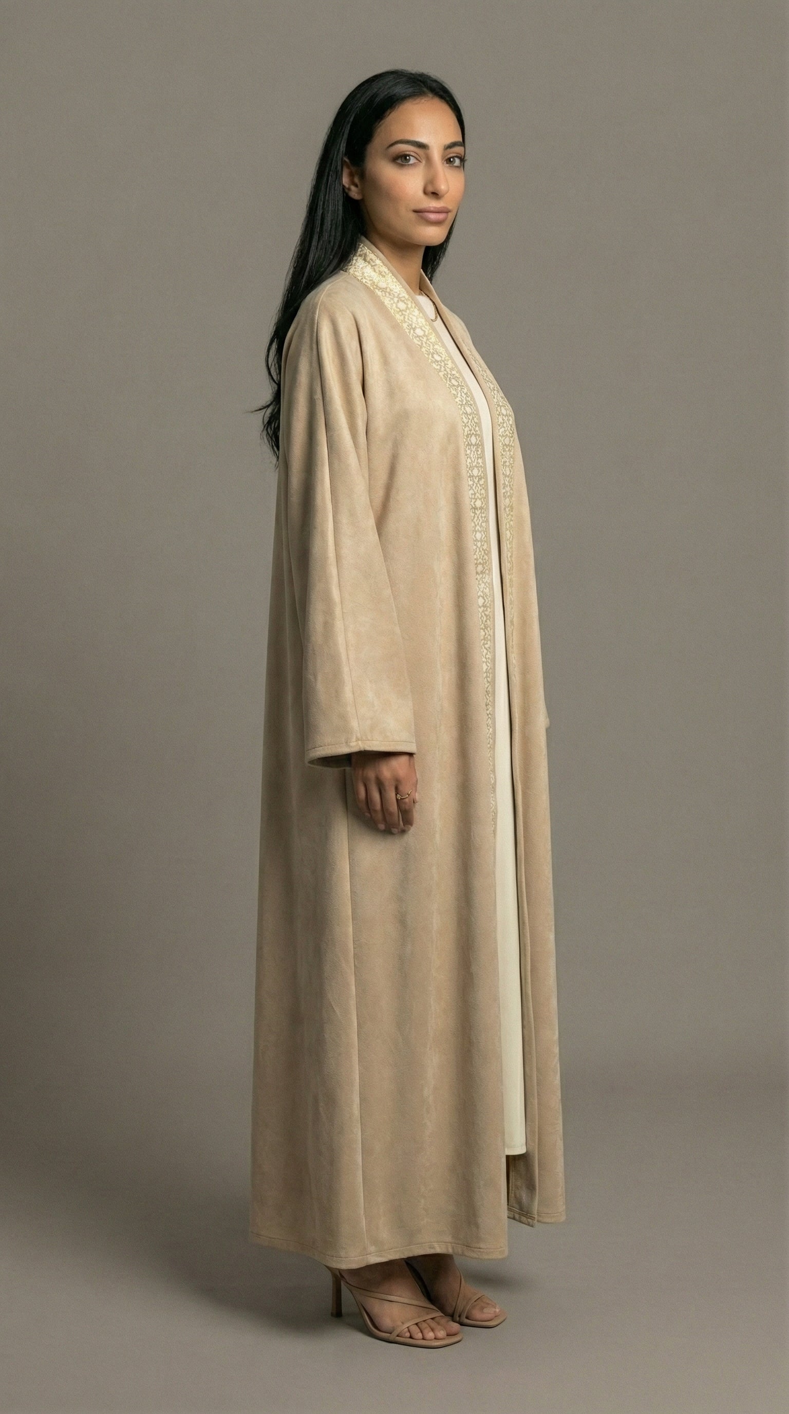 Beige Suede Kaftan with Gold Detail