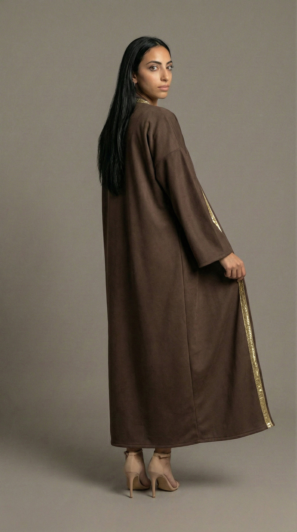 Brown Suede Kaftan with Gold Trim