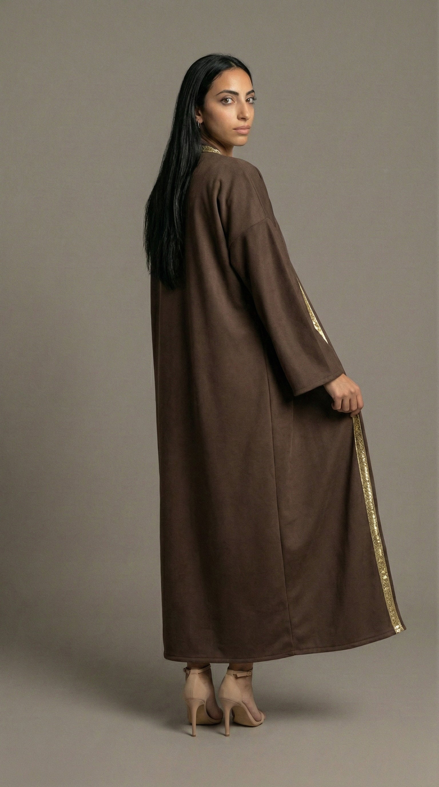 Brown Suede Kaftan with Gold Trim
