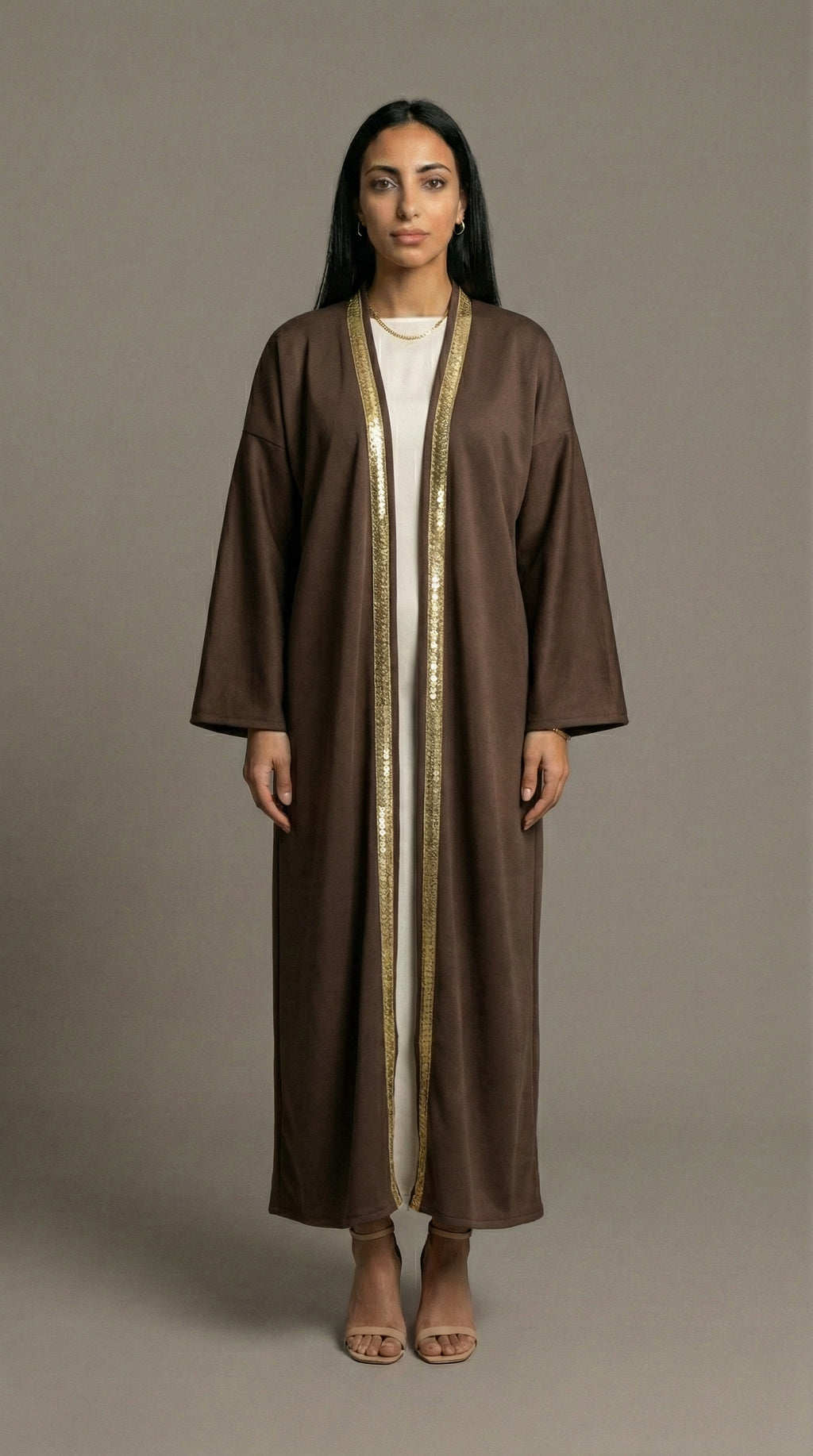 Brown Suede Kaftan with Gold Trim