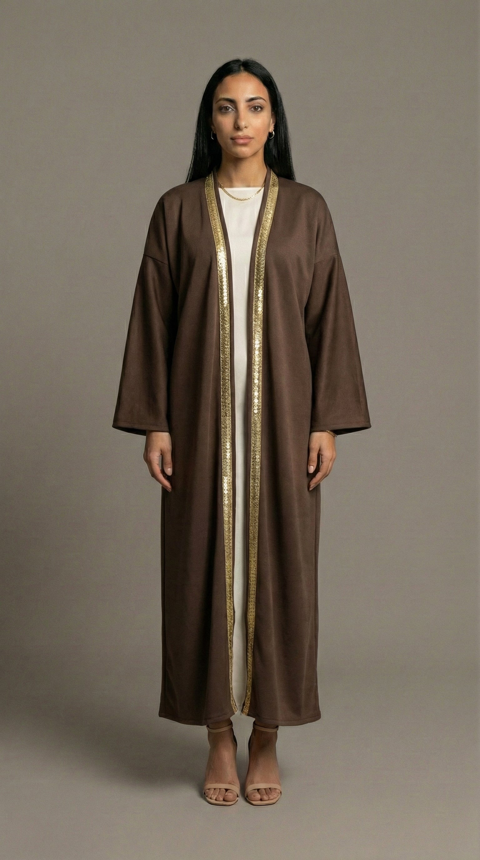 Brown Suede Kaftan with Gold Trim